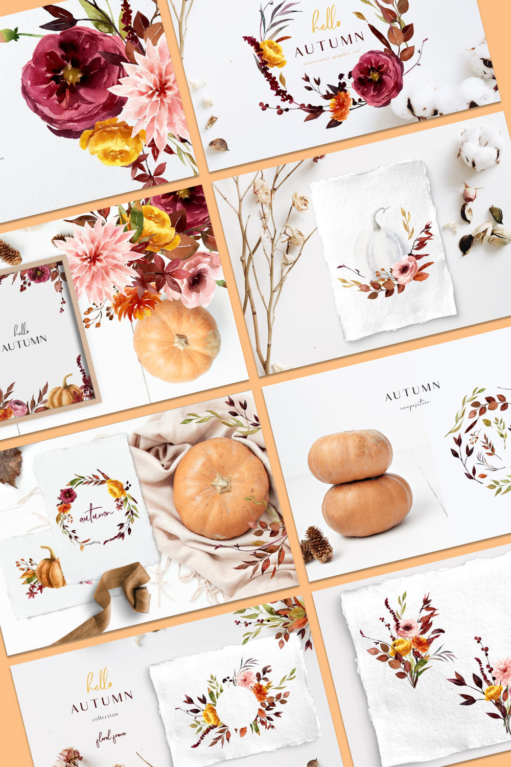hello autumn watercolor collection - flowers, pumpkin, leaves, wreath.