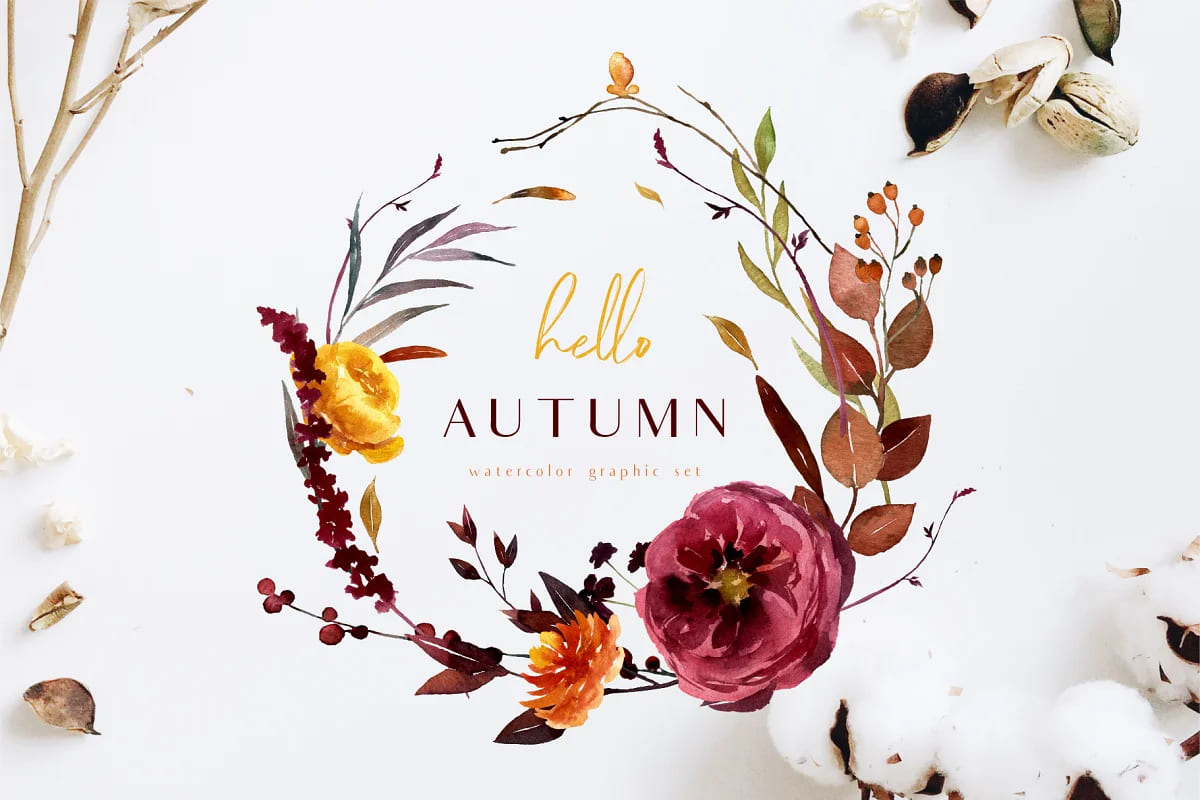 hello autumn watercolor collection, fall wreath.
