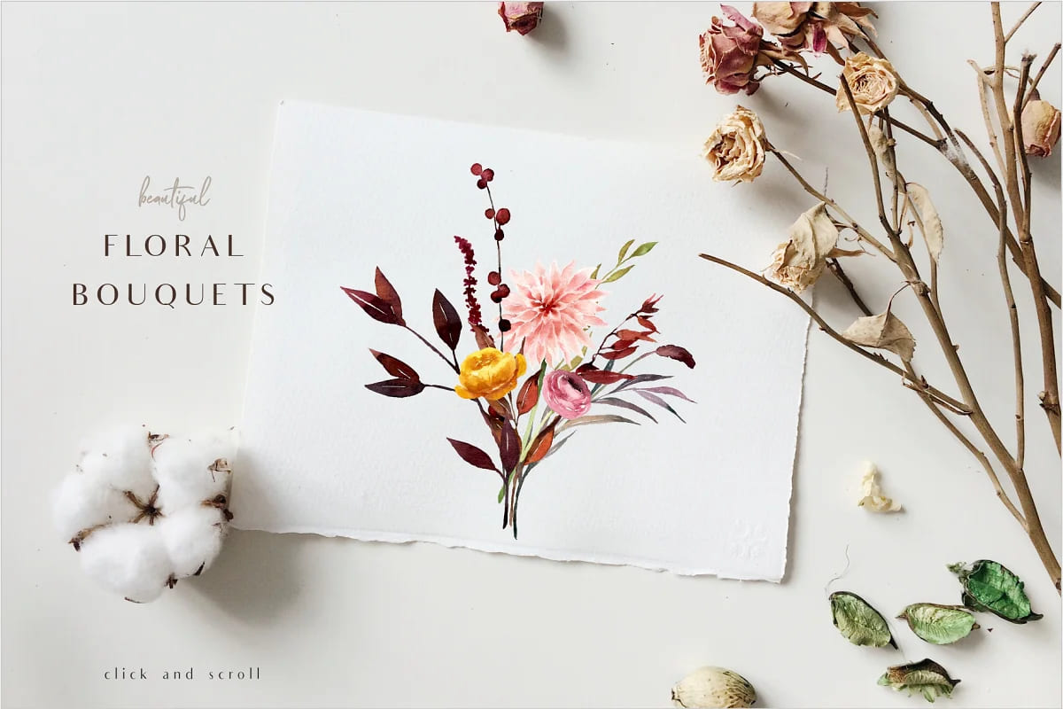 hello autumn watercolor collection, beautiful floral bouquets.