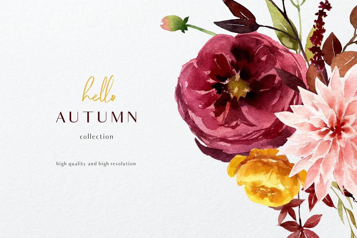 hello autumn watercolor collection, fall colors.