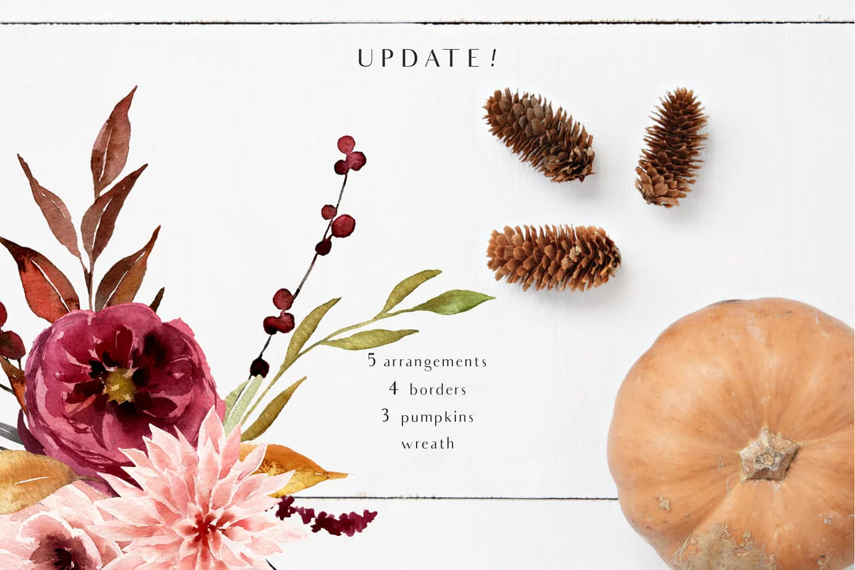 hello autumn watercolor collection, elegant illustrations of autumn bouquets.