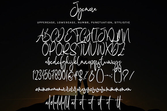 jyemora delicate modern handwritten font all symbols example.