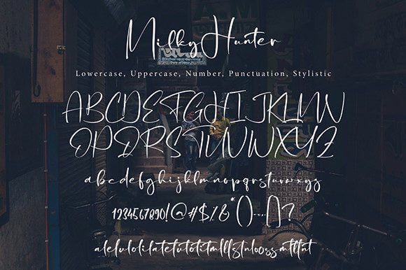 milky hunter relaxed and stylish script font all symbols example.