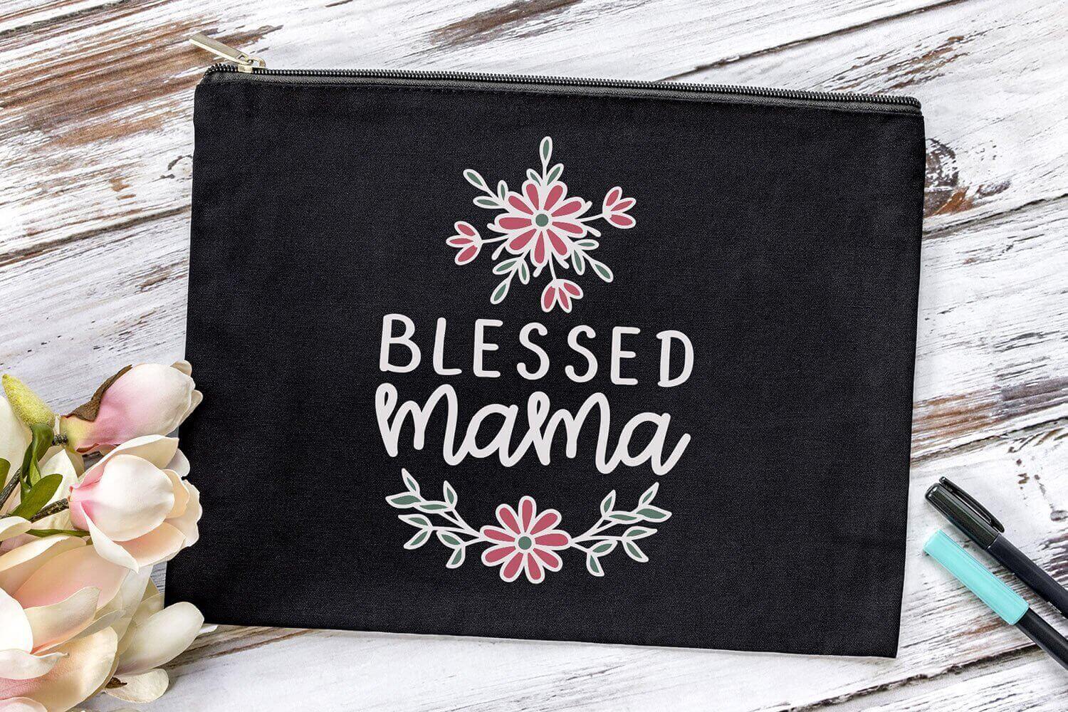 Black Bag with Words Blessed Mama.