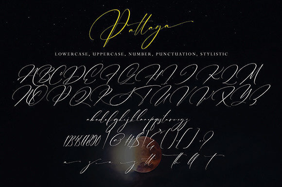 pattaya beautiful and refined script font all symbols example.