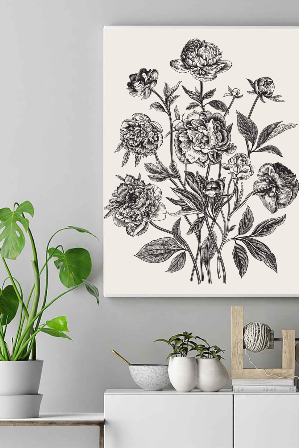 Vintage illustrations of peonies in the picture.