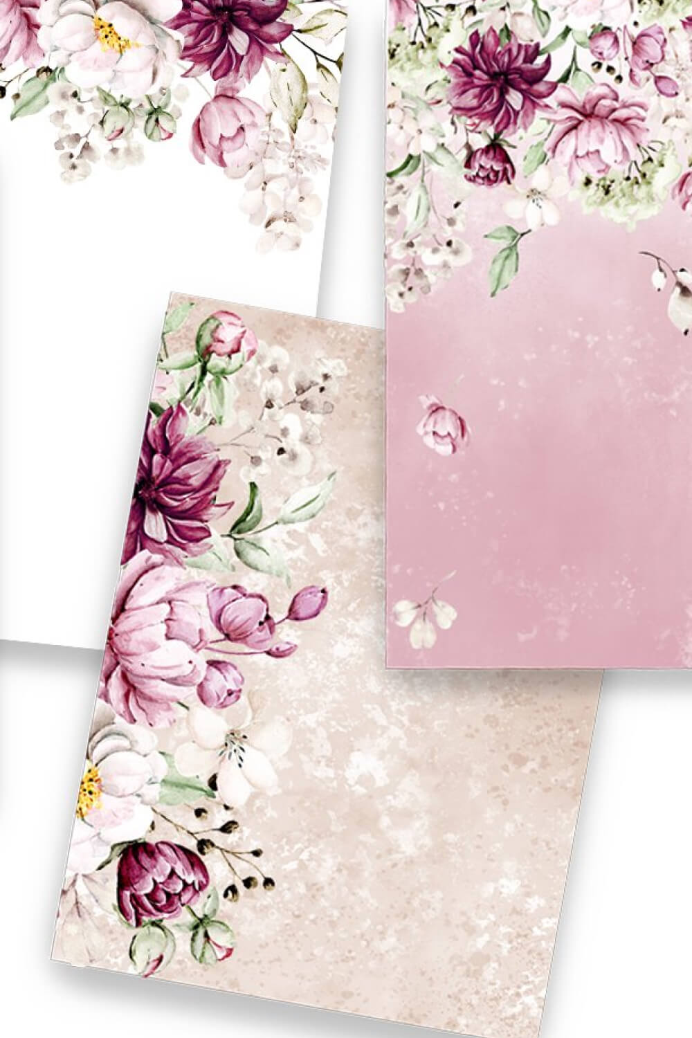 Cards of Peonies on White, Pink and Beige Background.