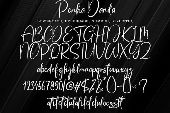 ponha danila elegant and dainty handwritten font all symbols example.