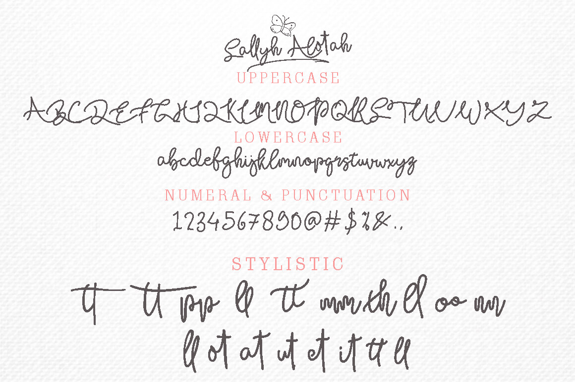 sallyh alotah modern siganture type handwritten font all symbols example.