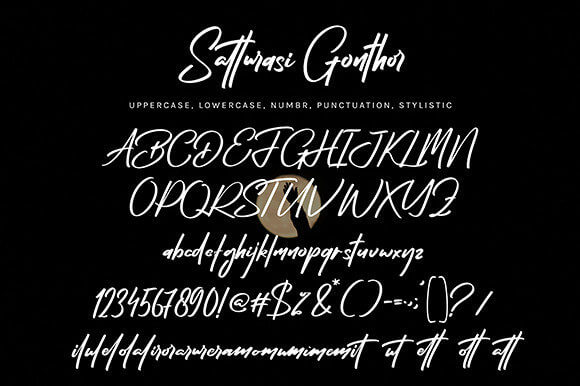 satturasi gonthor distinct graceful handwritten font all symbols example.