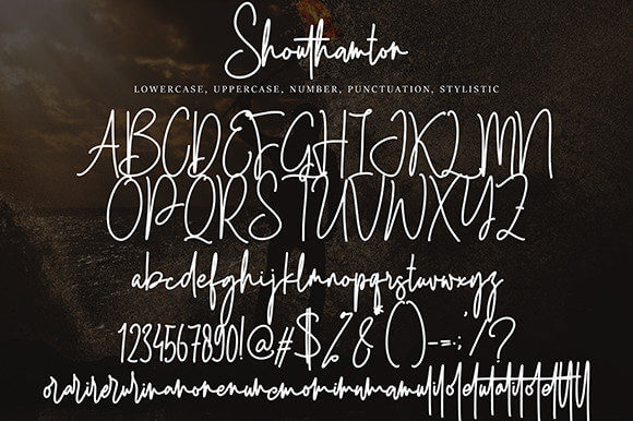 shouthamton relaxed and asymmetrical script font all symbols example.