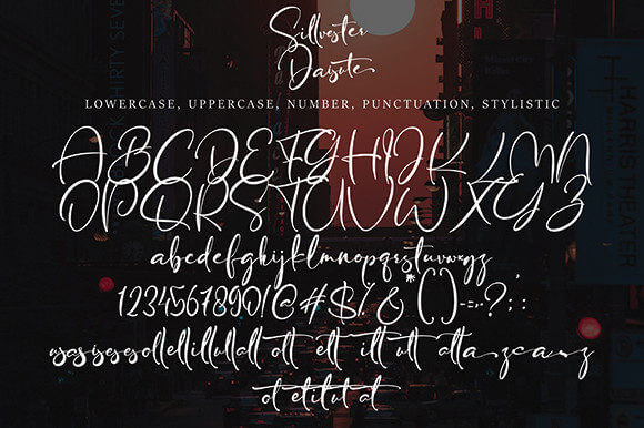 sillvester daisute thin lettered and graceful script font all symbols example.