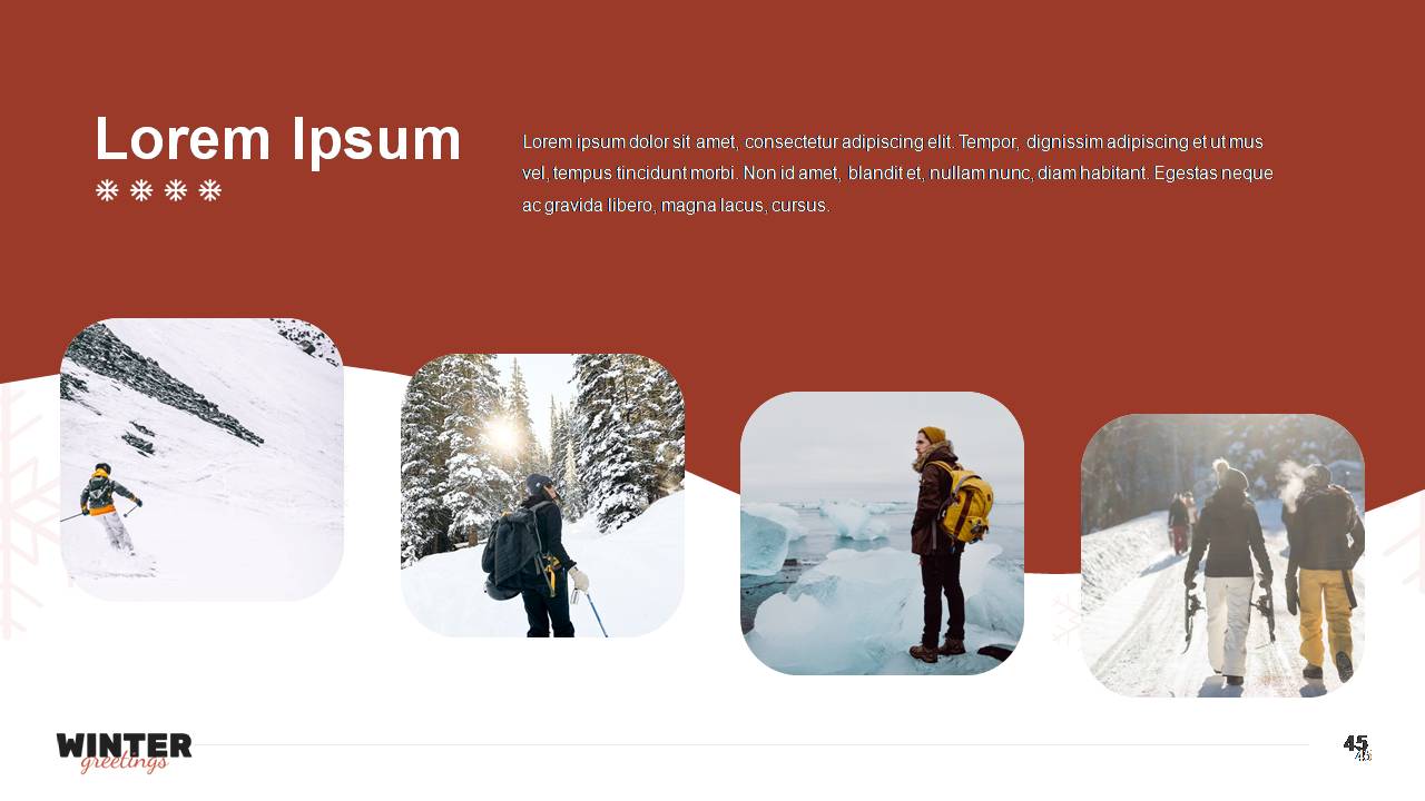Four pictures with people in a winter landscape.