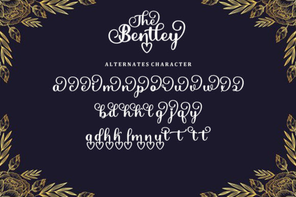 the bentley elegant and luxurious calligraphy font glyphs example.