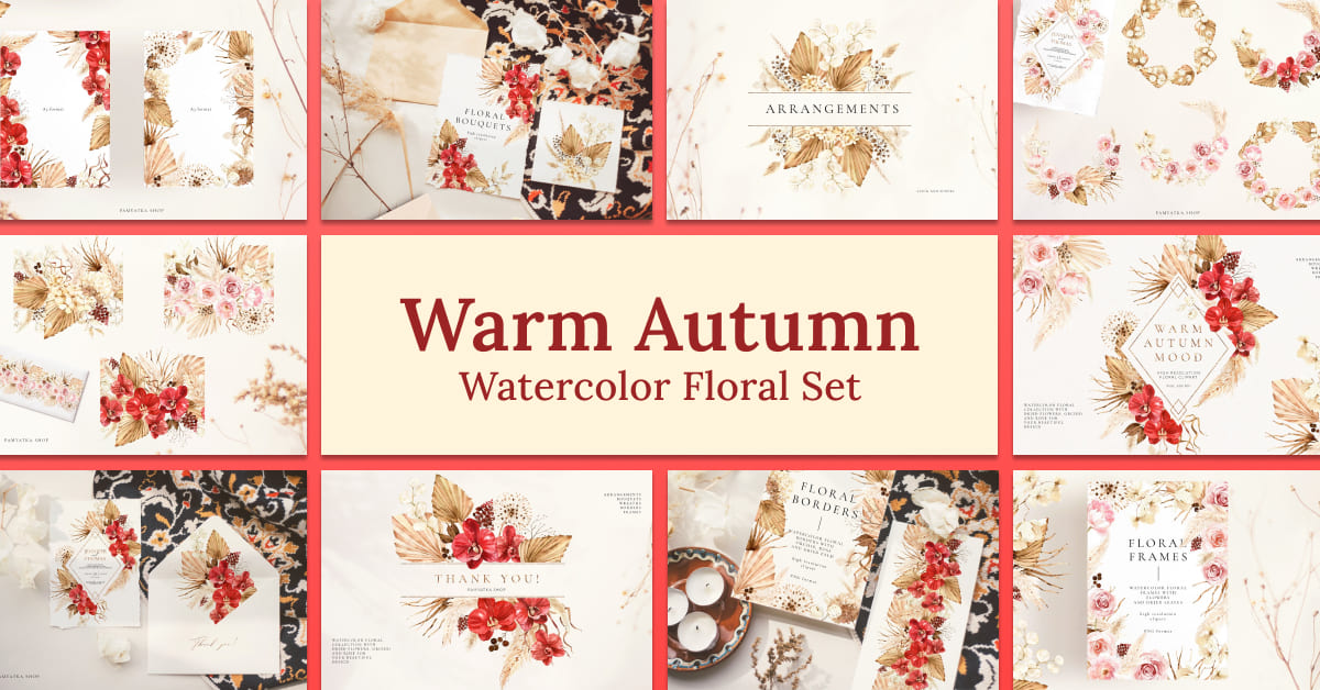 warm autumn watercolor floral set.