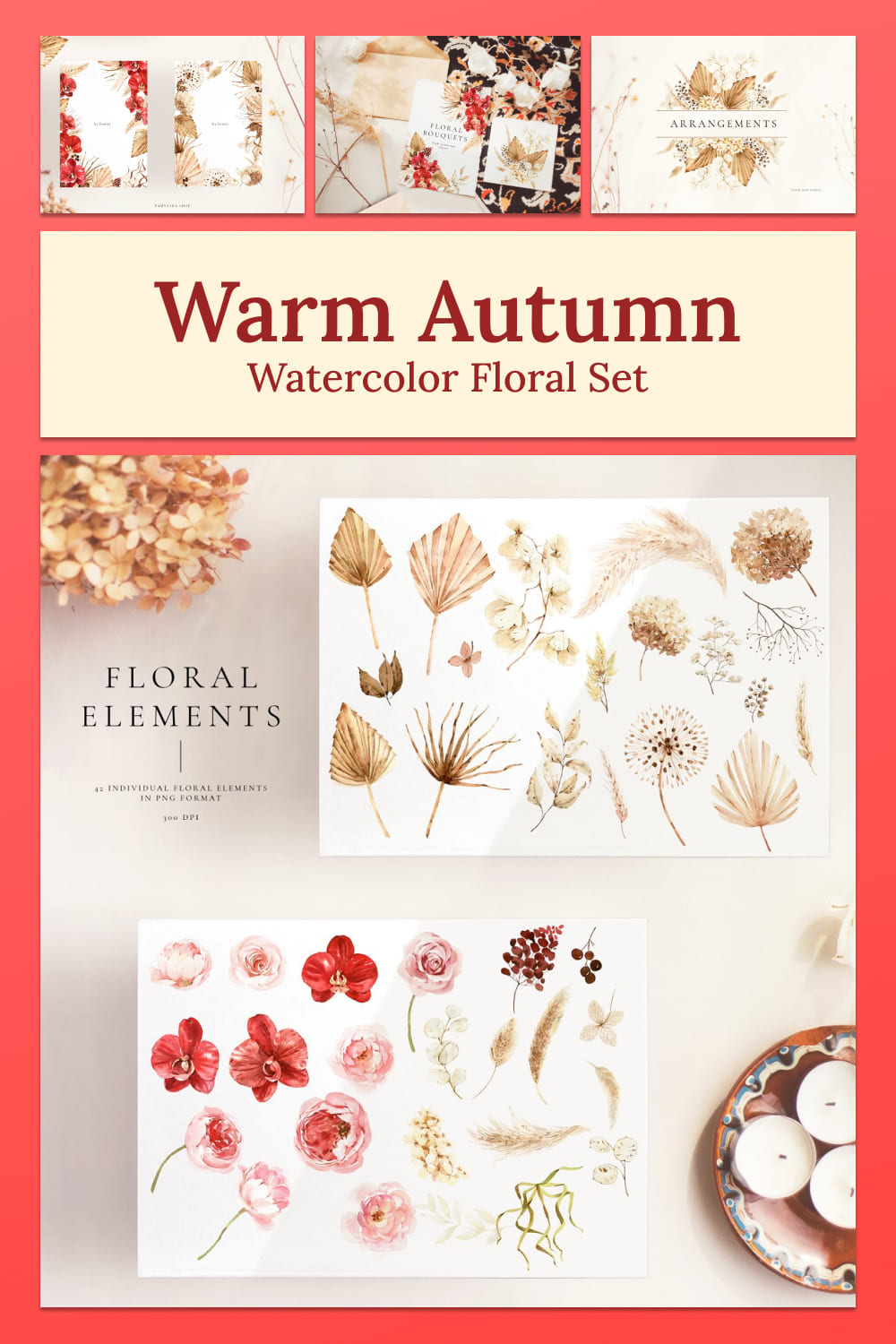 warm autumn watercolor floral set, floral elements.