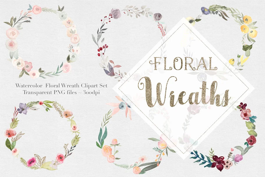 watercolor floral wreaths delicate lines.