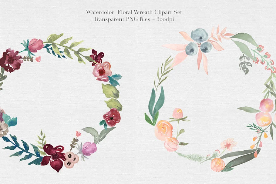 watercolor floral wreaths, set of unique elements.