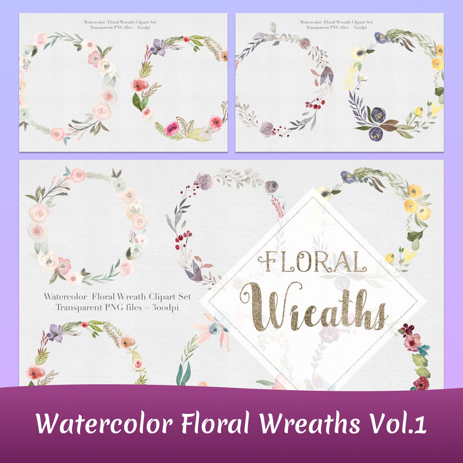 Watercolor Floral Wreaths Botanic Graphics Set cover image.