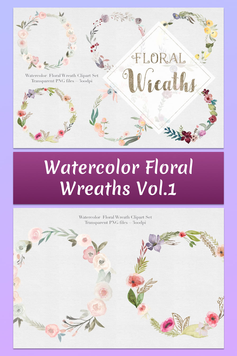 watercolor floral wreaths with flowers and leaves.