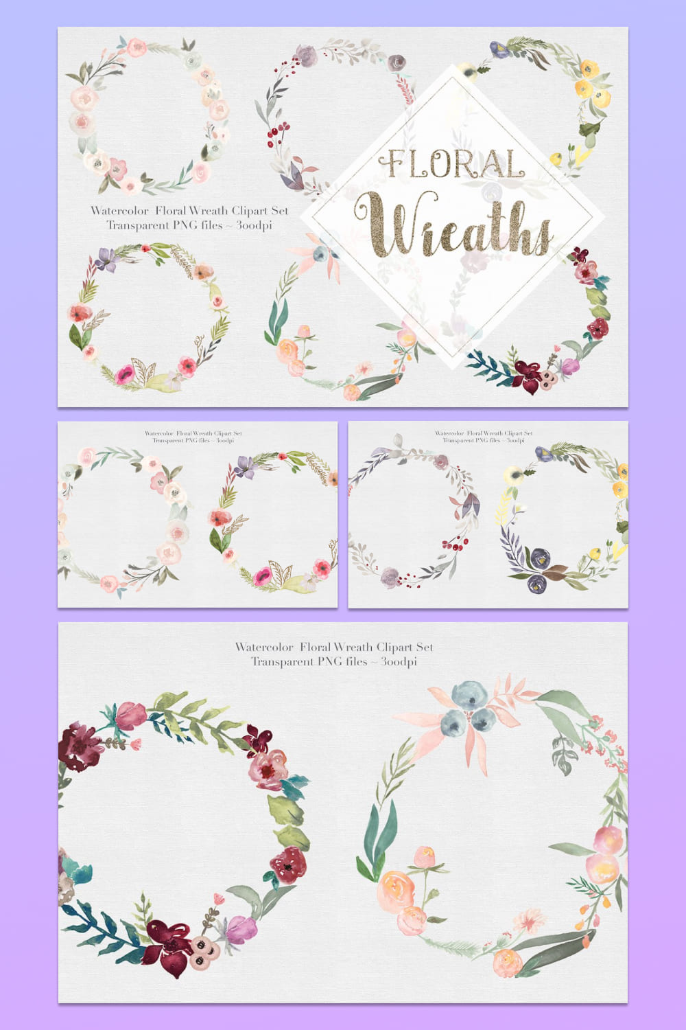 watercolor floral wreaths handpainted clipart.