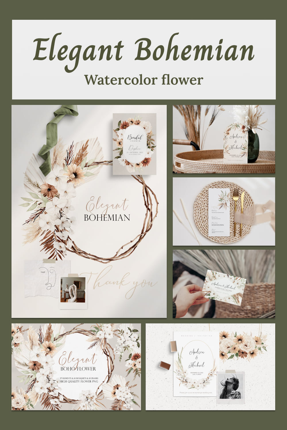 Watercolor Flower Illustrations - Elegant Bohemian pinterest image.