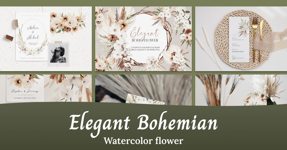 watercolor flower elegant bohemian, flower wreath.