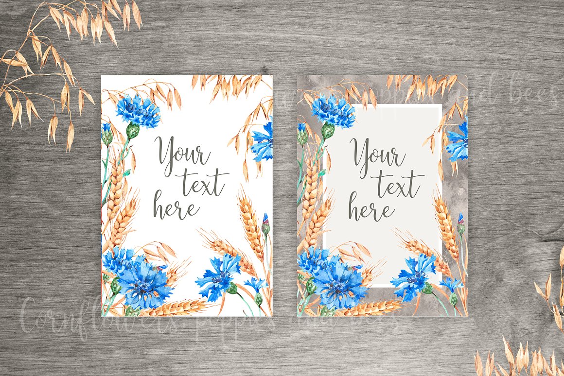 Two Beautiful Cards of Watercolor poppies, cornflowers set.
