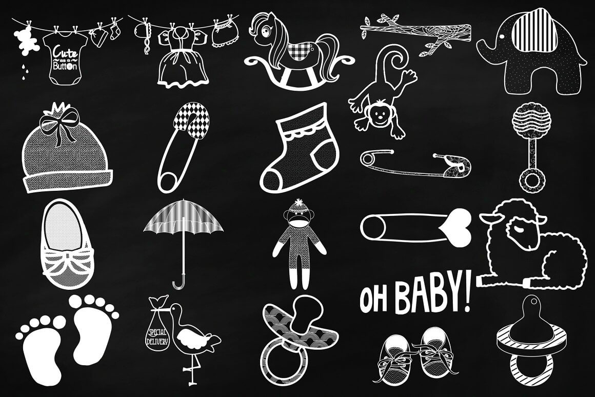Baby pacifiers, shoes, toys, booties drawn in chalk on a black board.
