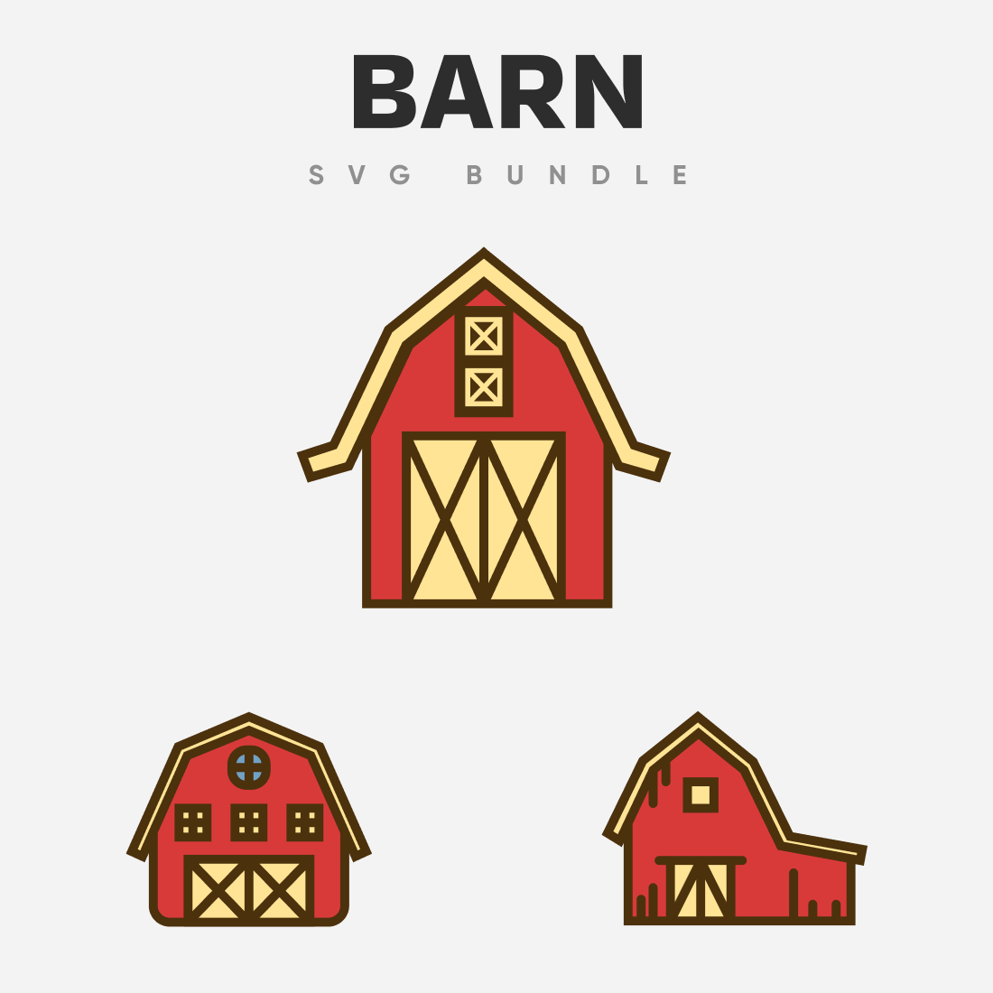 One large and two small barns with gates and windows.