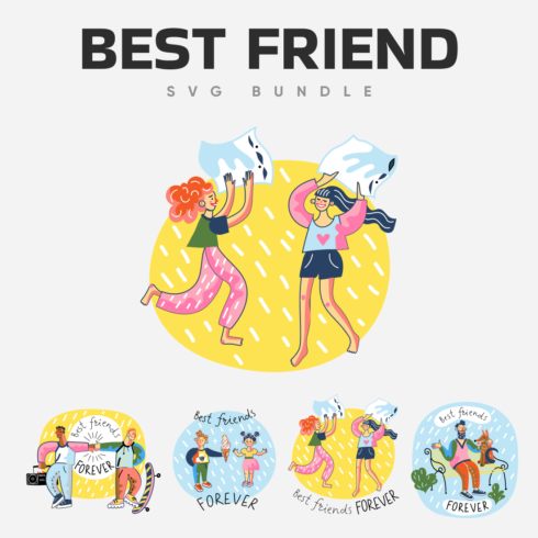 Different drawings of friends on a round background in yellow and blue.