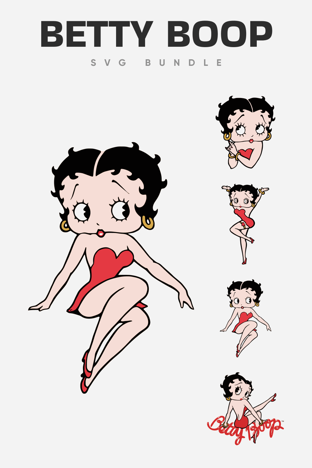 Brunette Betty Boop with big eyes, thin eyebrows and red lips.
