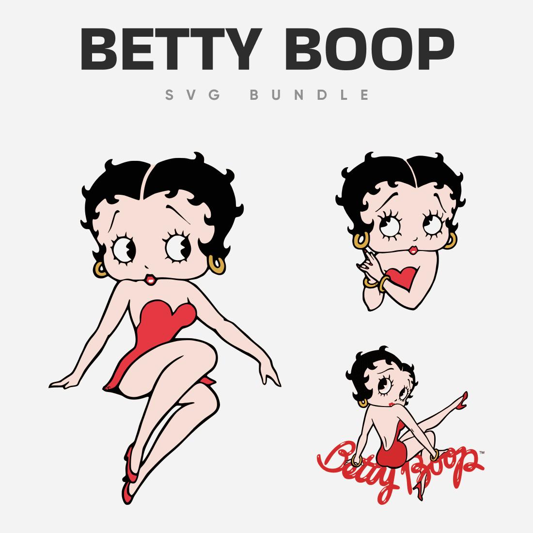 Brunette Betty Boop in a red dress and shoes with gold earrings.