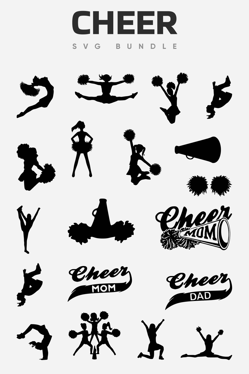  Silhouettes of cheerleaders who perform different tricks.