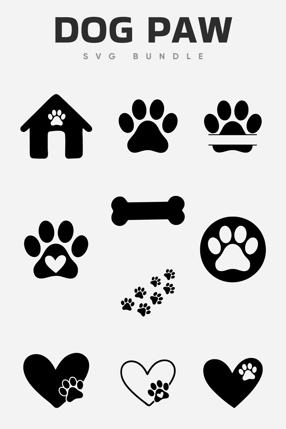 Drawings of dog paws and hearts in white and black.