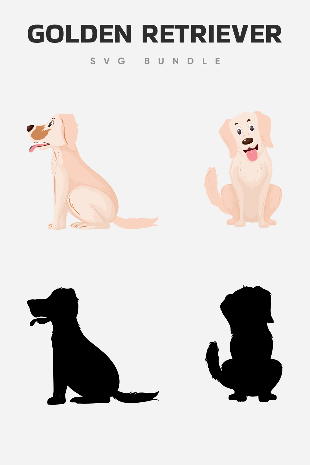 Golden retriever in color and black silhouette of a dog.