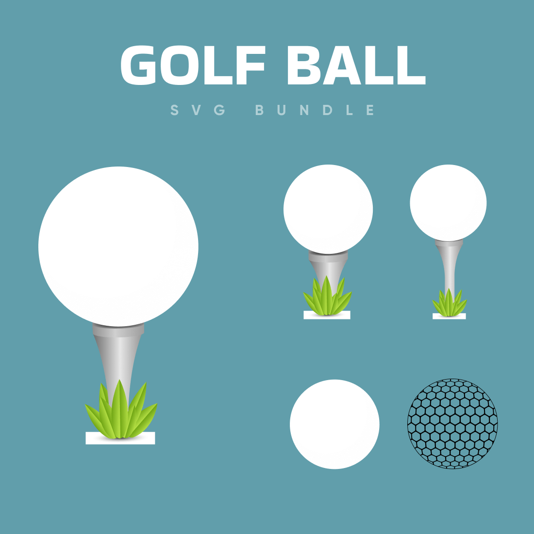 One large and four small golf balls.