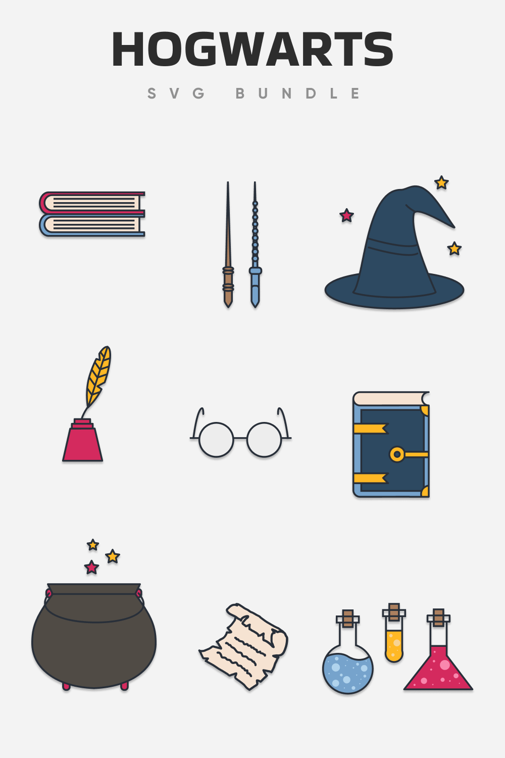 Collection of Hogwarts school symbols: books of magic, wands, hat, feather, Potter's glasses, vat of potion, spells, potions.