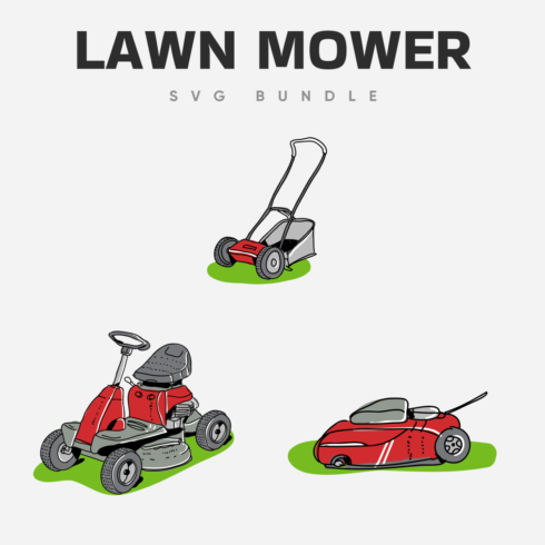 Different types of lawn mowers depicted on green grass.