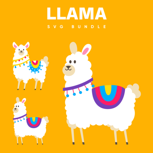 Cheerful llamas with white long ears and a wavy tail with a colored cape.