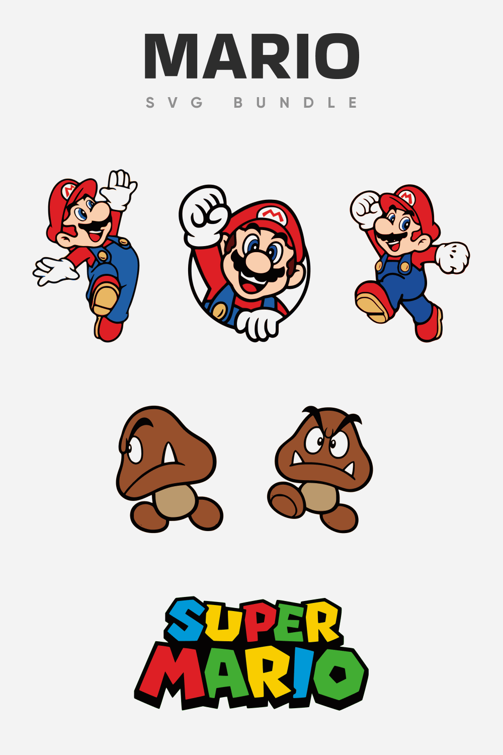 Mario in a red cap and red jacket, red shoes, blue overalls, and a picture of two angry brown worms.