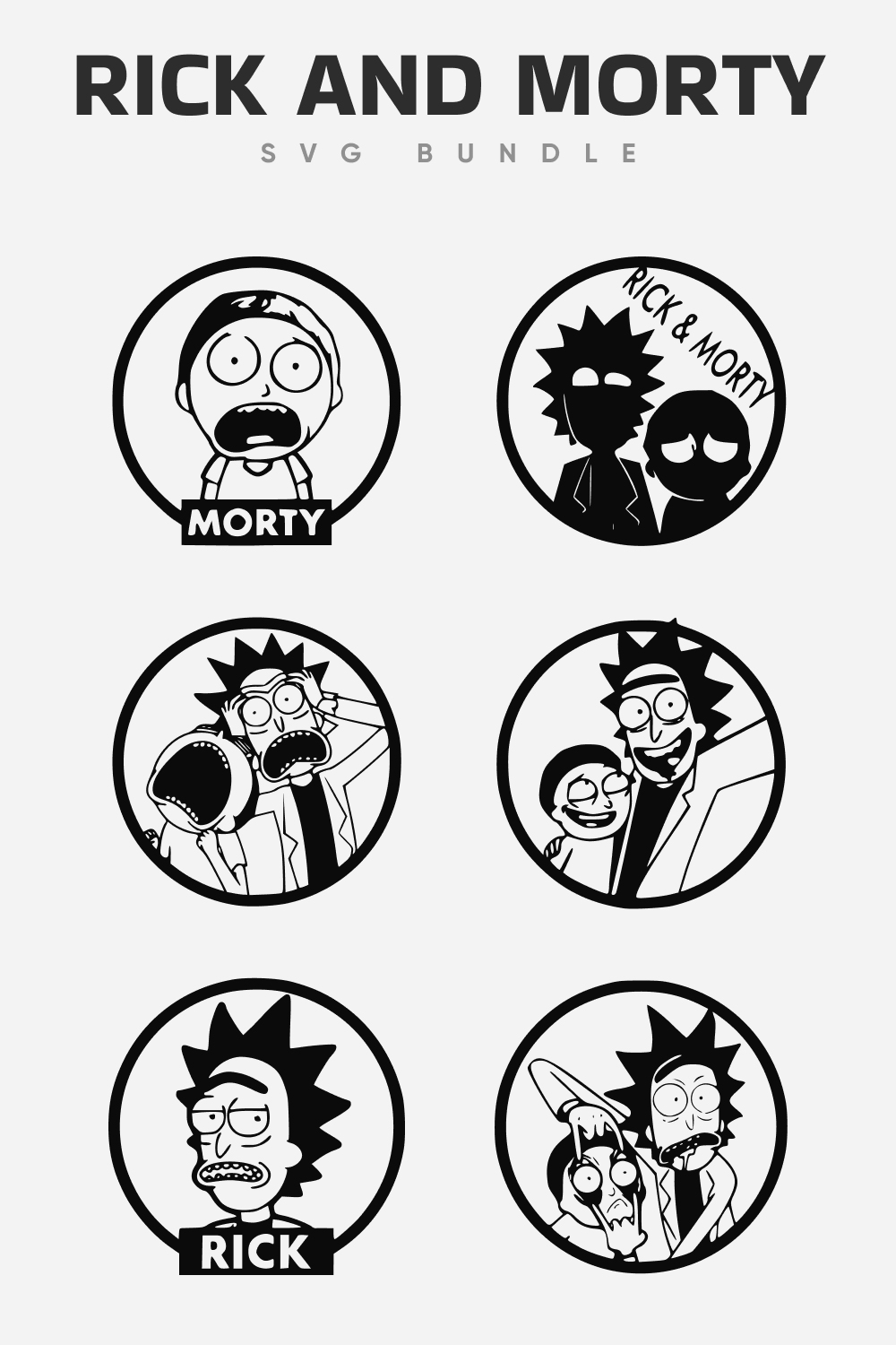 Six round images with Rick and Morty