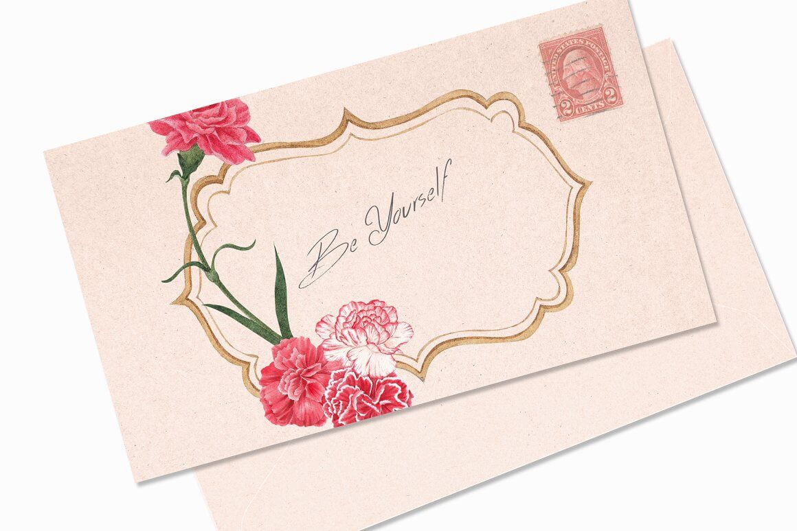 Envelope decorated with painted carnations, a stamp and "Be yourself" slogan.