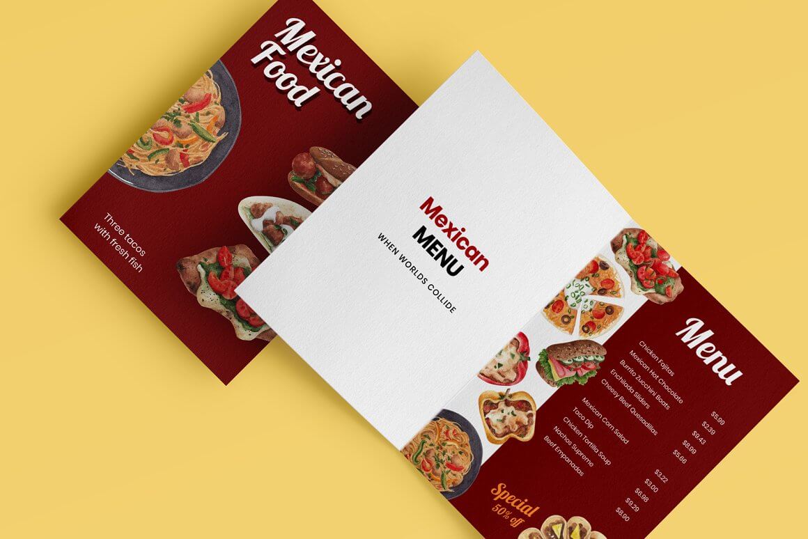 Mexican food menu on yellow background.