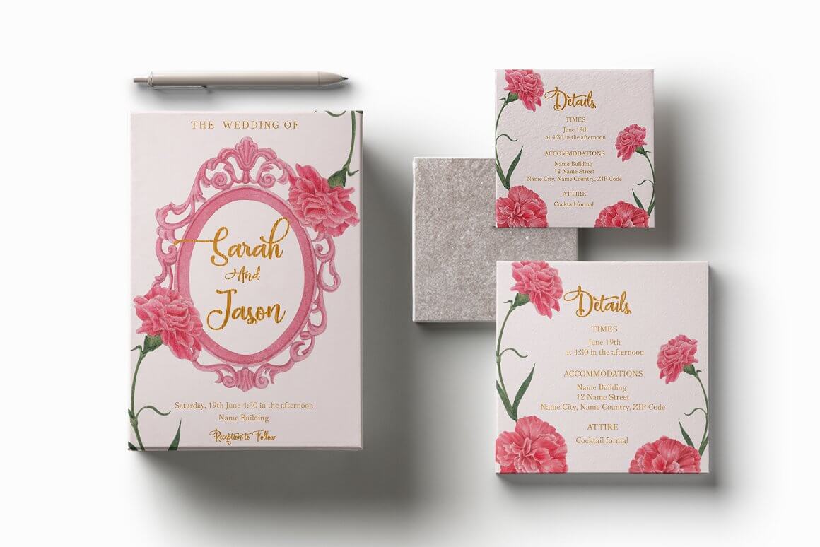 Wedding cards in different sizes with the details of the wedding event.