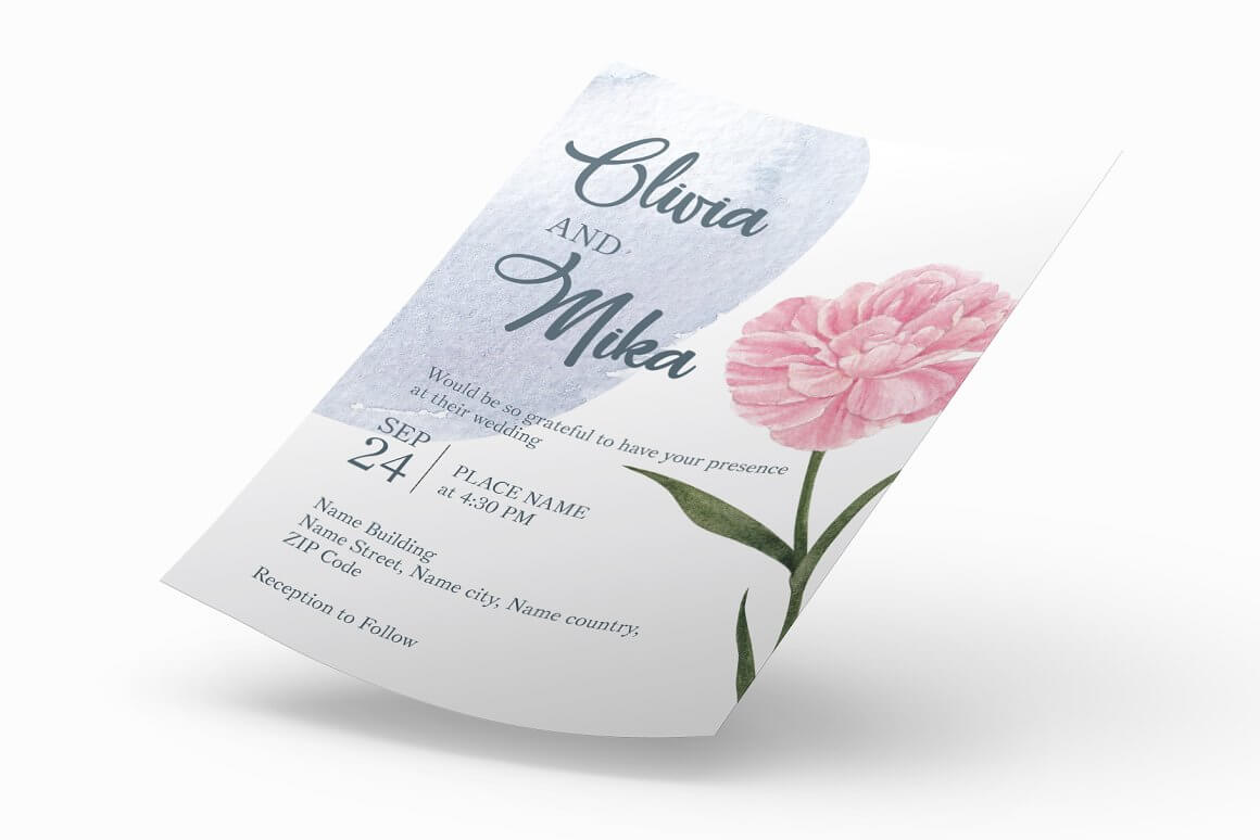 A white piece of paper with a carnation painted on it and the details of the wedding event written on it.
