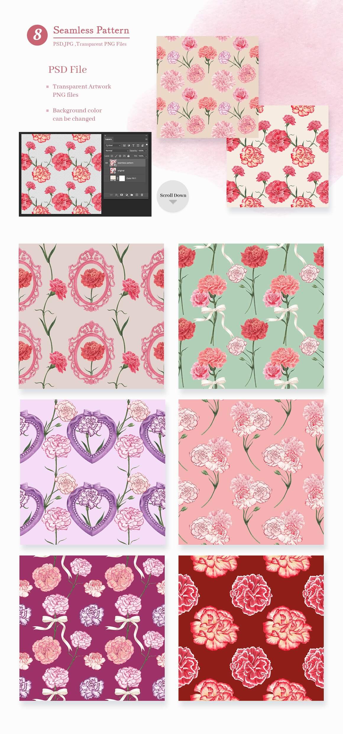 Seamless pattern with different types of carnations in different colors and designs.
