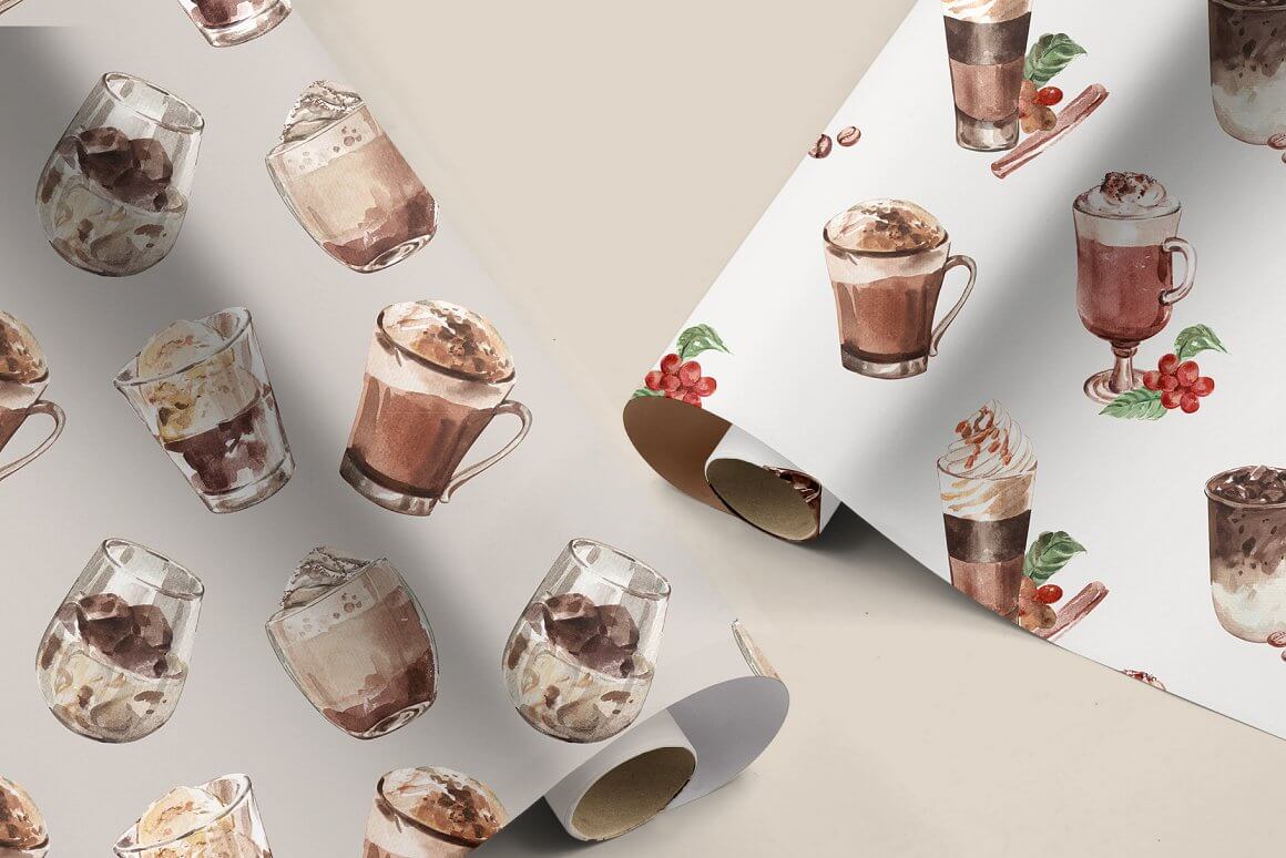 Paper with the image of coffee berries and cups with a coffee drink.