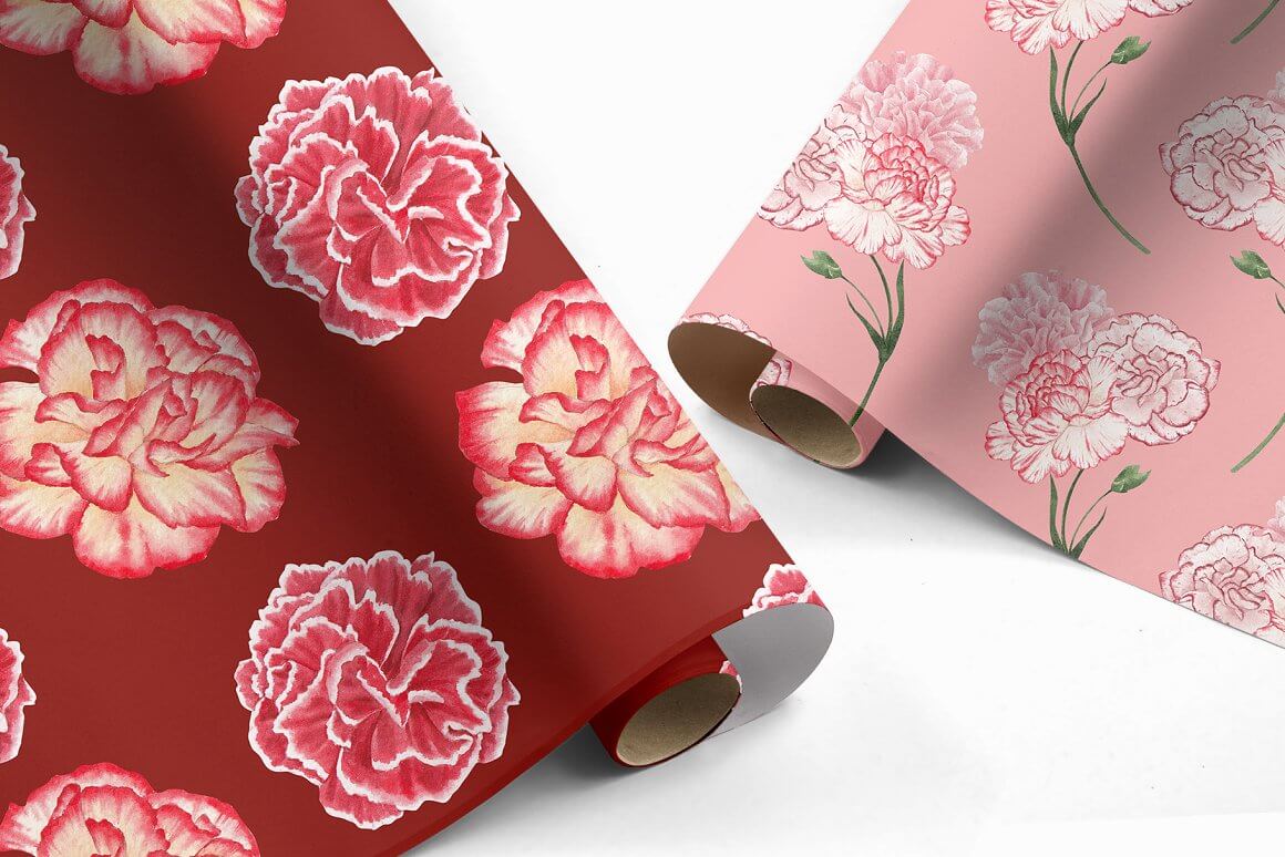 Colored gift paper in pink and burgundy with carnations painted on it.