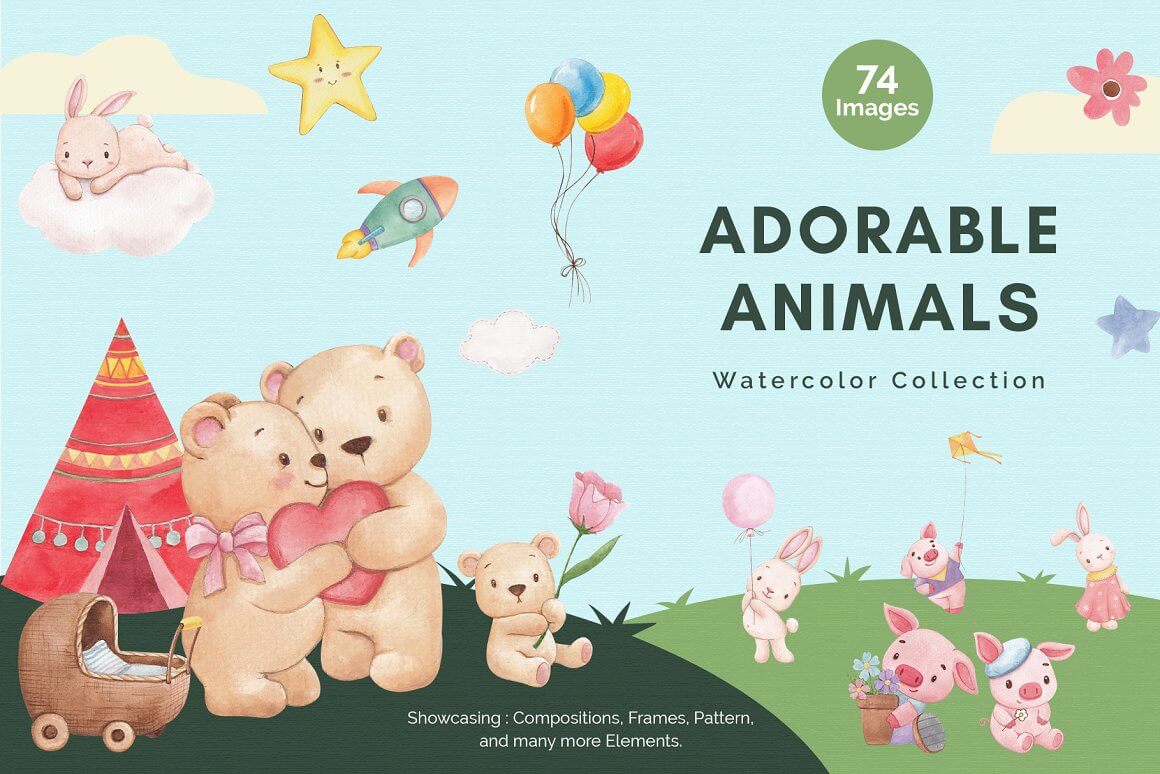 74 Images Adorable Animals Watercolor Collection.